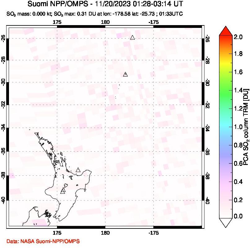 A sulfur dioxide image over New Zealand on Nov 20, 2023.