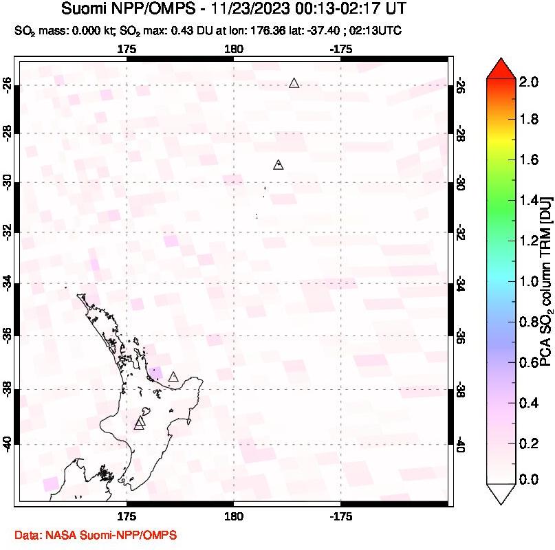 A sulfur dioxide image over New Zealand on Nov 23, 2023.