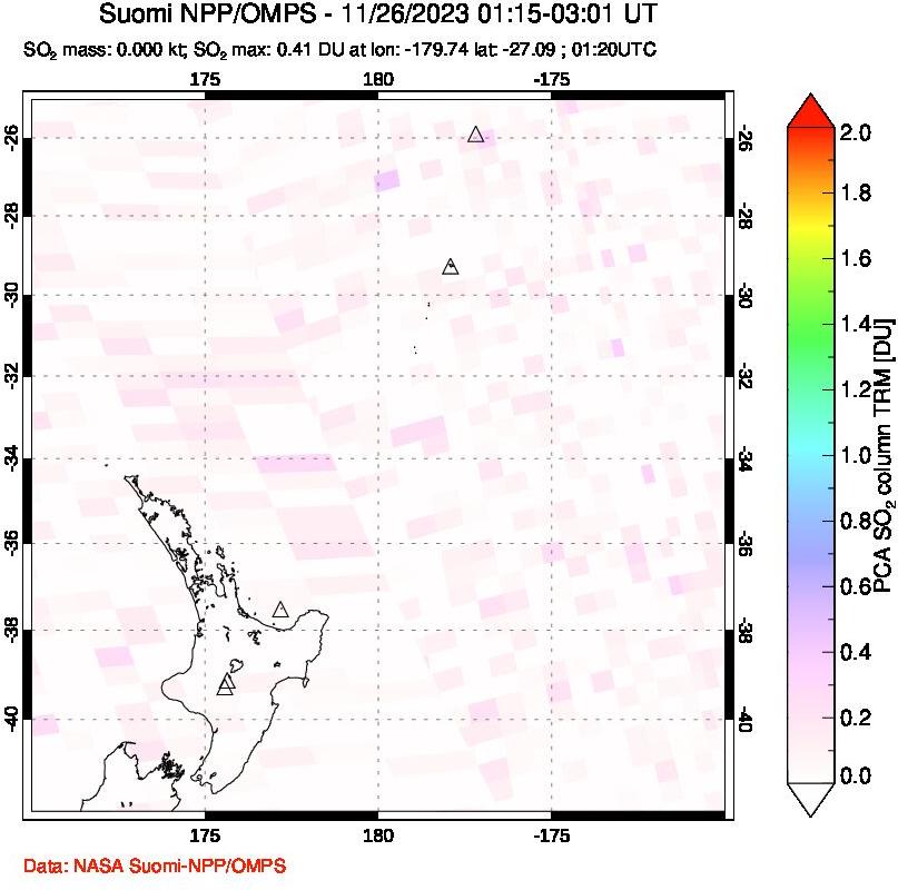 A sulfur dioxide image over New Zealand on Nov 26, 2023.