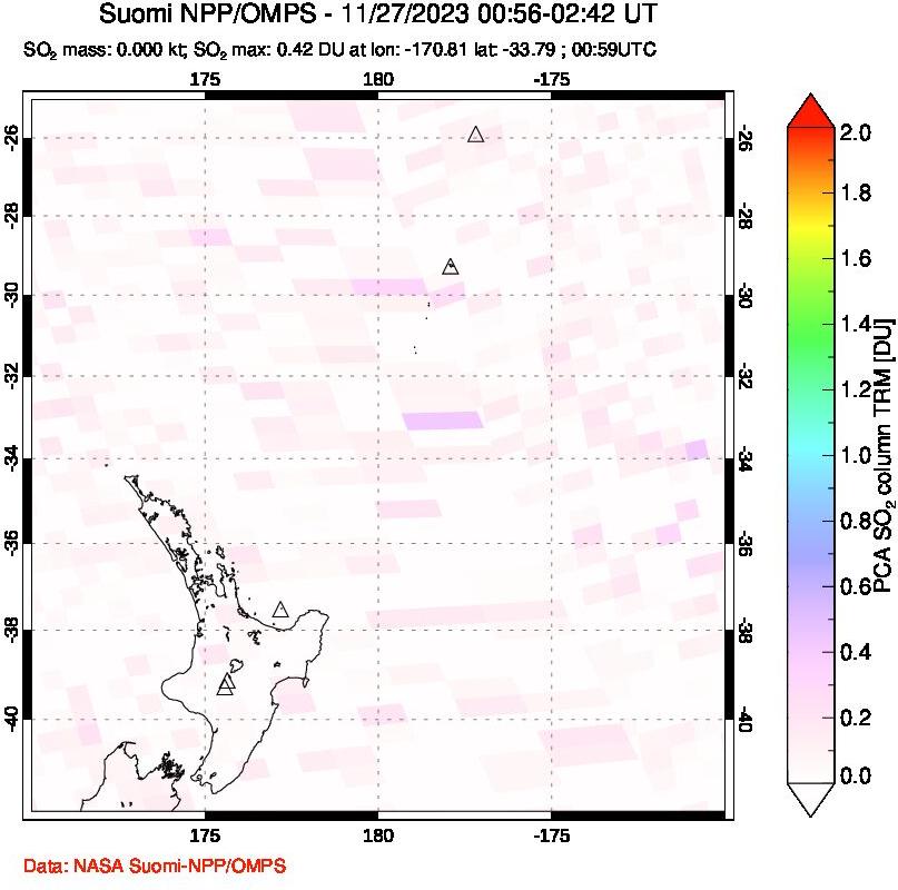 A sulfur dioxide image over New Zealand on Nov 27, 2023.