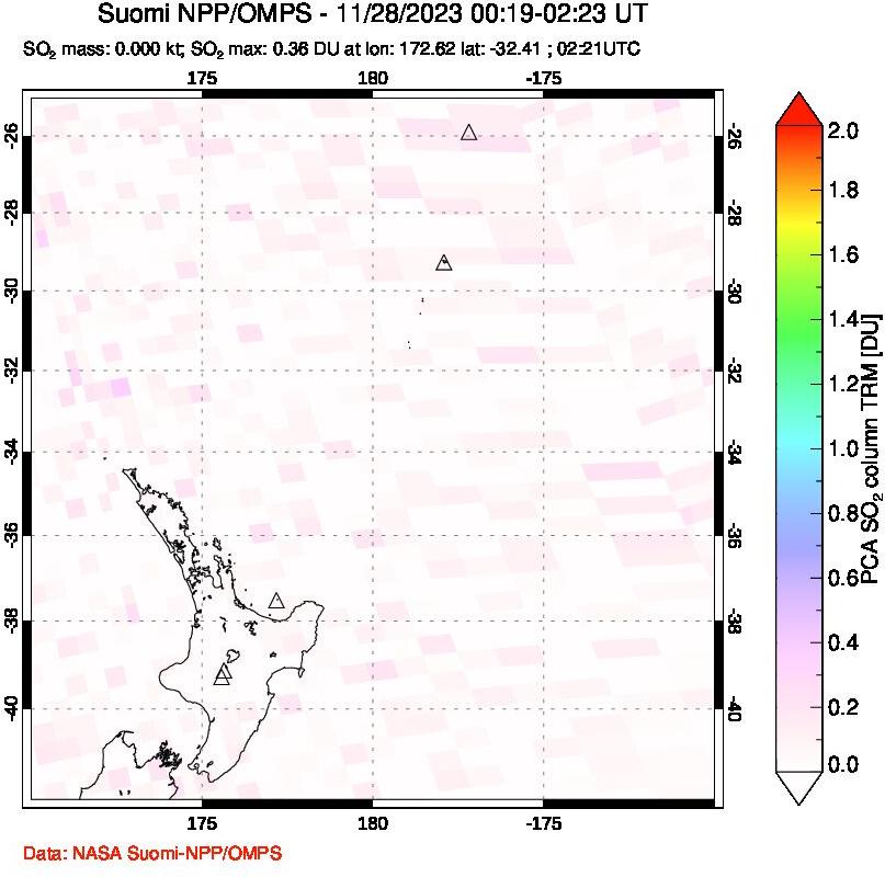 A sulfur dioxide image over New Zealand on Nov 28, 2023.