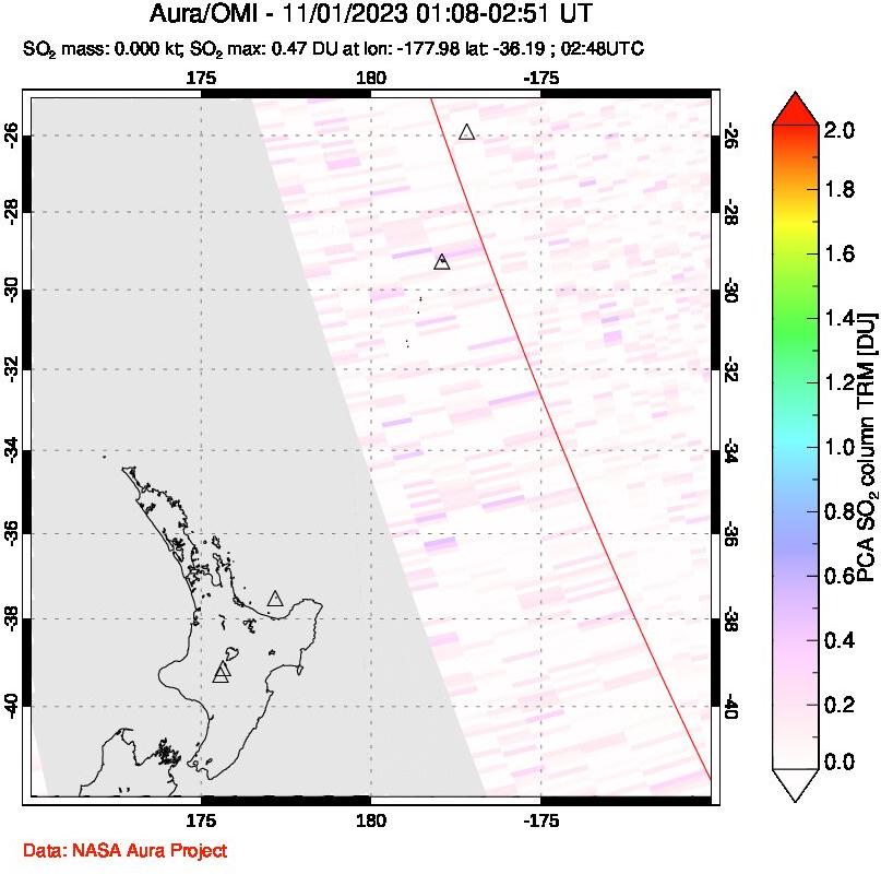 A sulfur dioxide image over New Zealand on Nov 01, 2023.