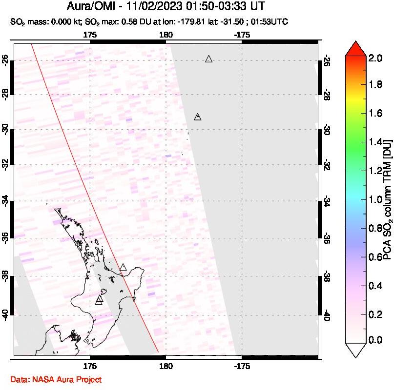 A sulfur dioxide image over New Zealand on Nov 02, 2023.