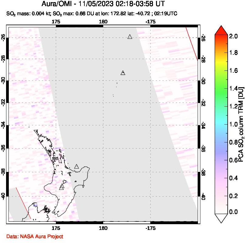 A sulfur dioxide image over New Zealand on Nov 05, 2023.