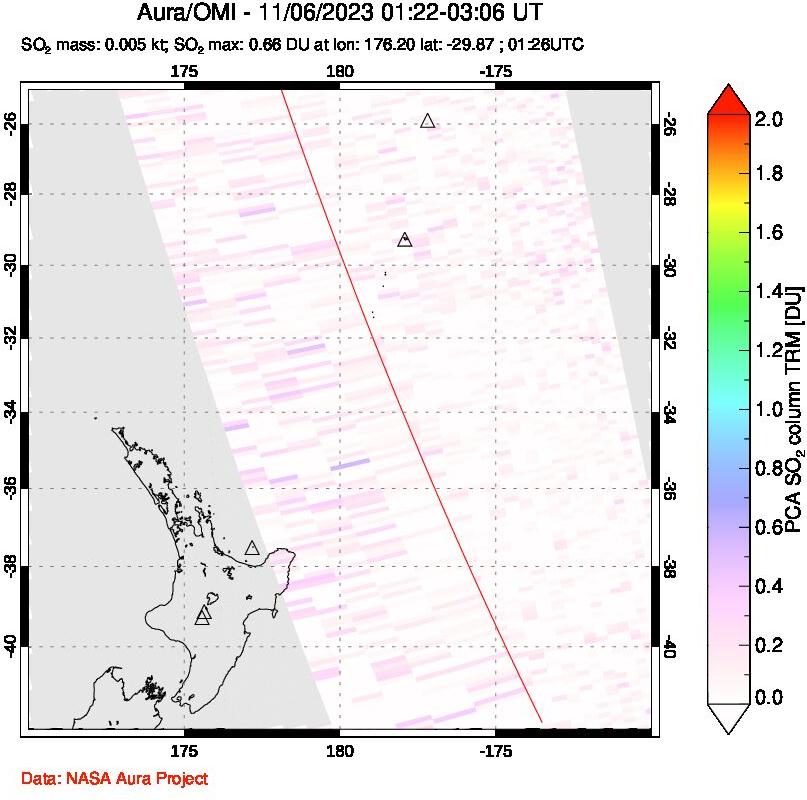 A sulfur dioxide image over New Zealand on Nov 06, 2023.