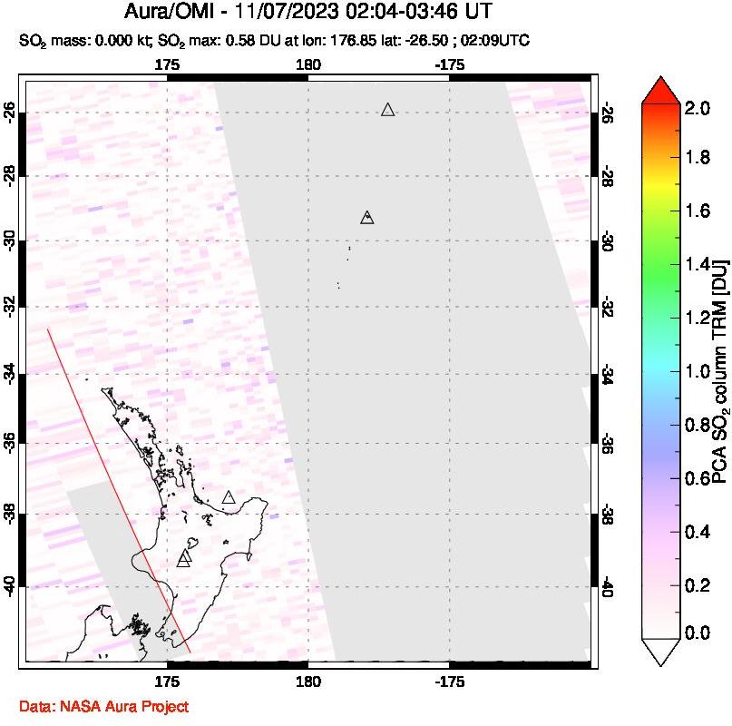 A sulfur dioxide image over New Zealand on Nov 07, 2023.