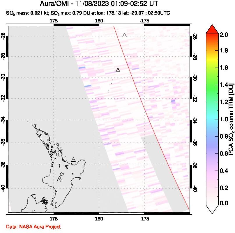 A sulfur dioxide image over New Zealand on Nov 08, 2023.