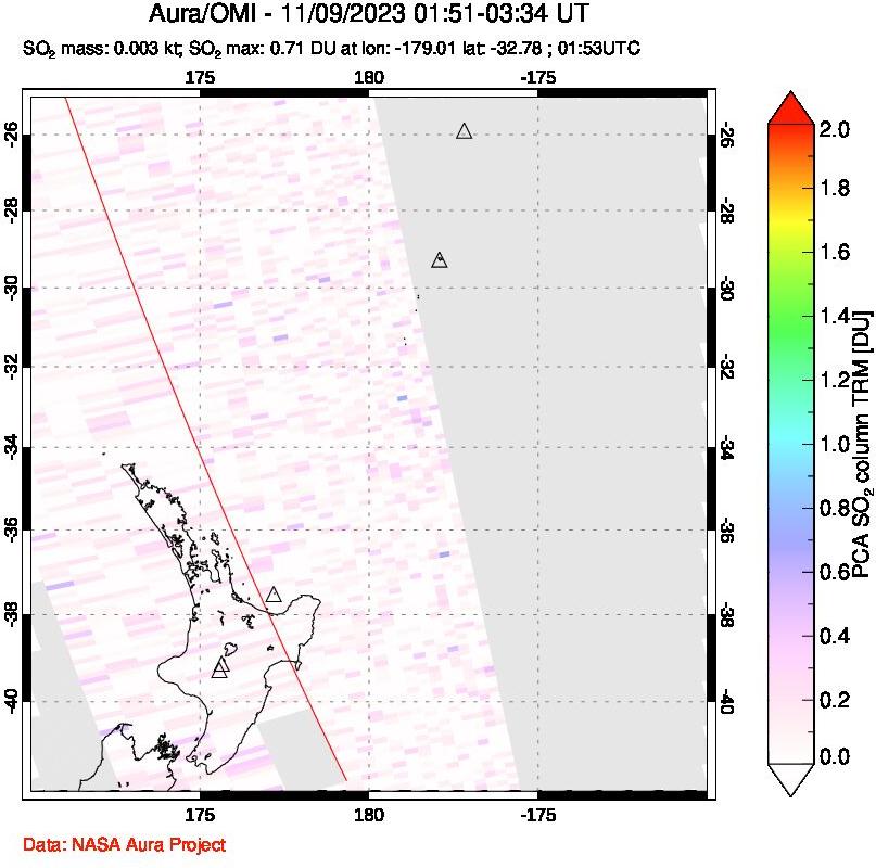 A sulfur dioxide image over New Zealand on Nov 09, 2023.