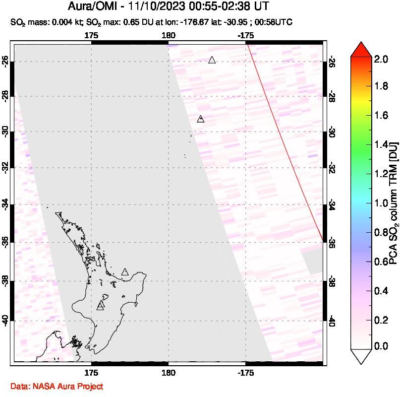 A sulfur dioxide image over New Zealand on Nov 10, 2023.