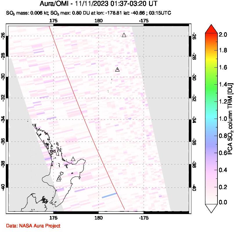 A sulfur dioxide image over New Zealand on Nov 11, 2023.