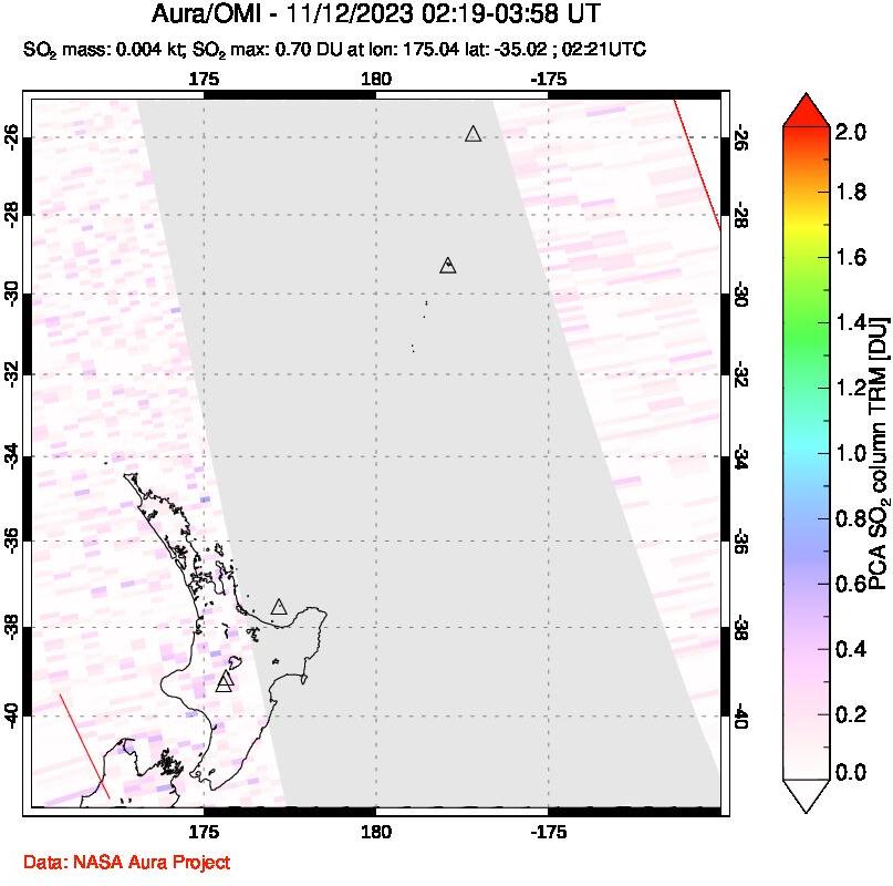 A sulfur dioxide image over New Zealand on Nov 12, 2023.