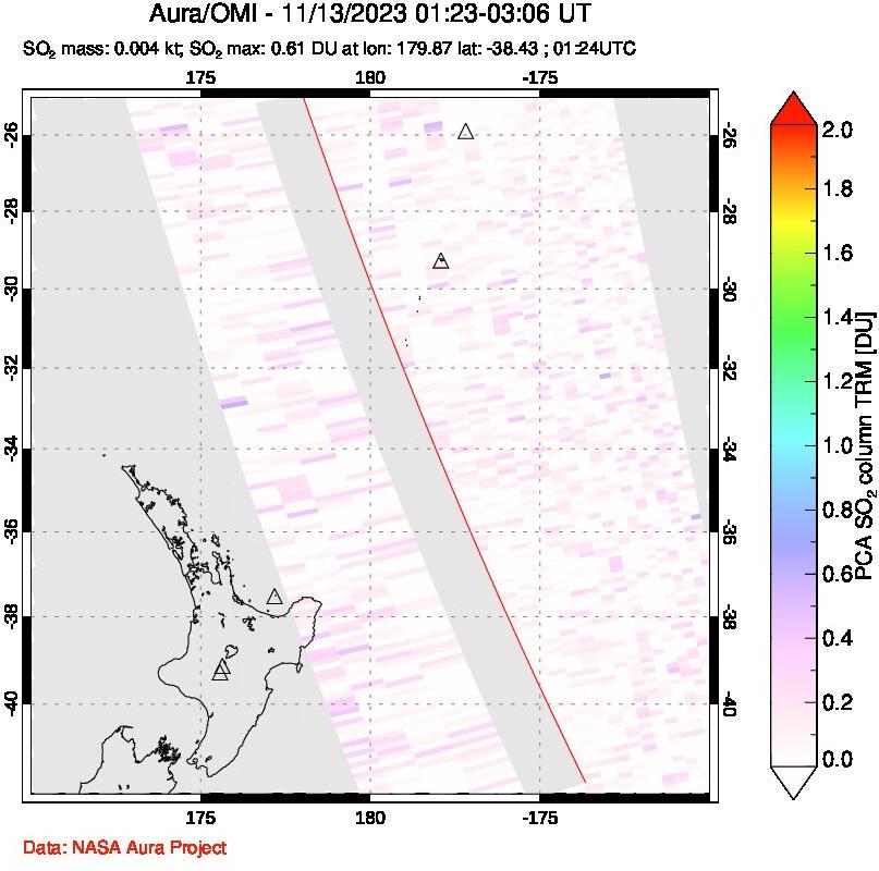 A sulfur dioxide image over New Zealand on Nov 13, 2023.