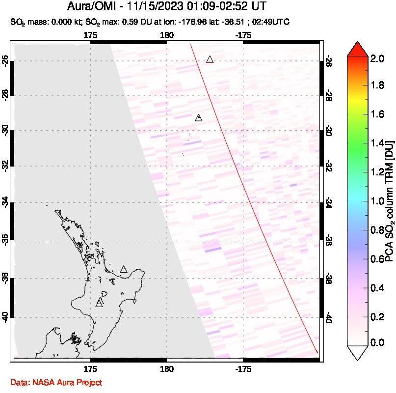 A sulfur dioxide image over New Zealand on Nov 15, 2023.