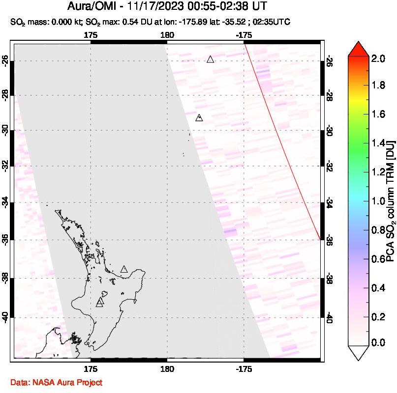 A sulfur dioxide image over New Zealand on Nov 17, 2023.