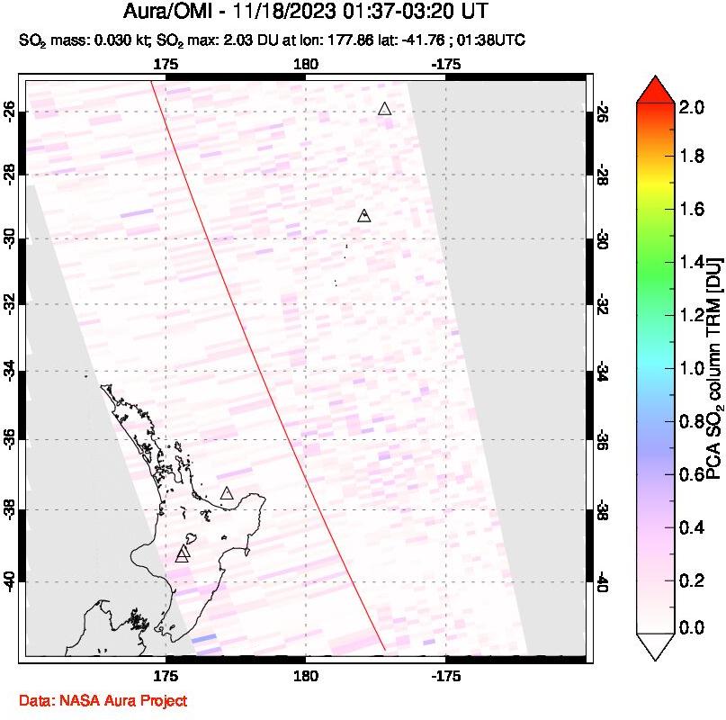 A sulfur dioxide image over New Zealand on Nov 18, 2023.