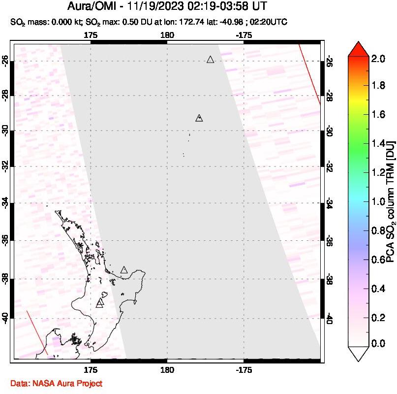 A sulfur dioxide image over New Zealand on Nov 19, 2023.