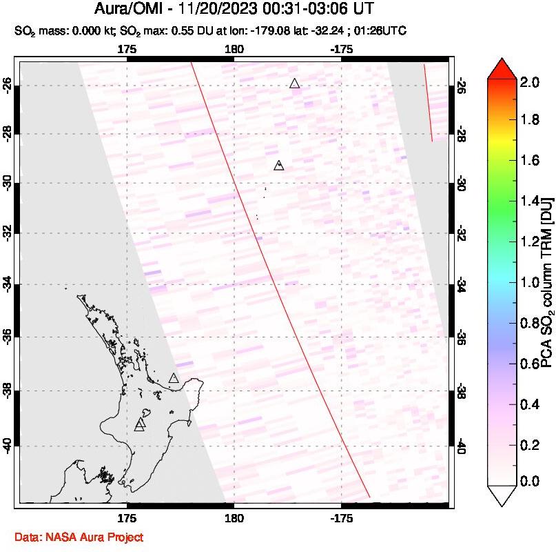 A sulfur dioxide image over New Zealand on Nov 20, 2023.