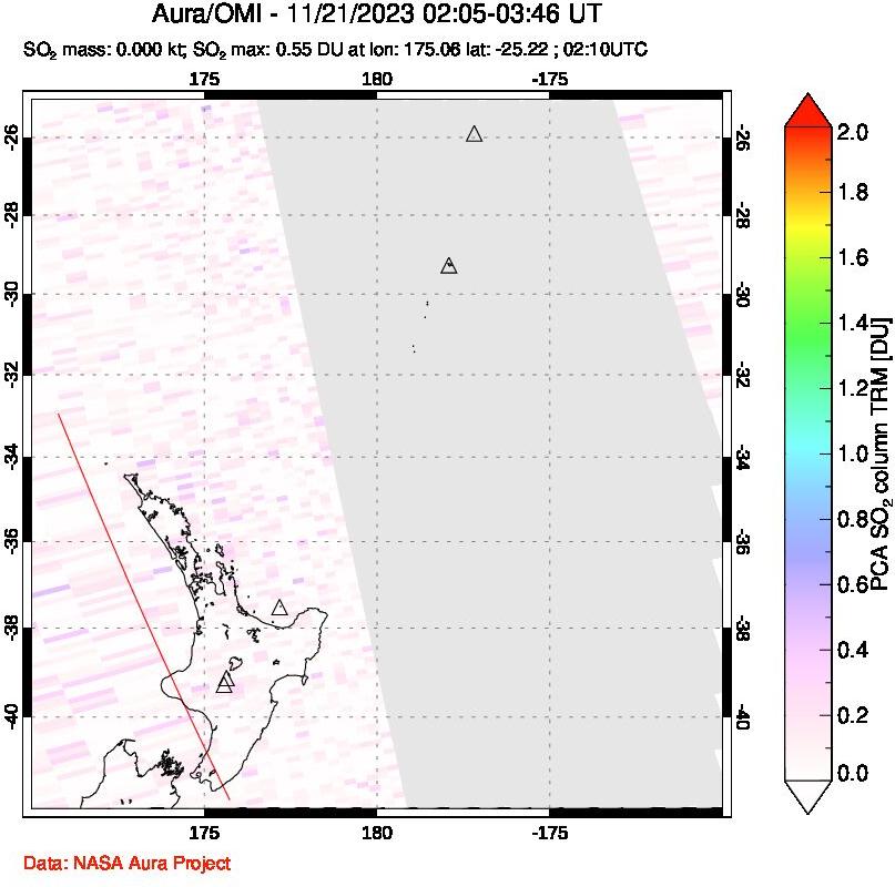 A sulfur dioxide image over New Zealand on Nov 21, 2023.