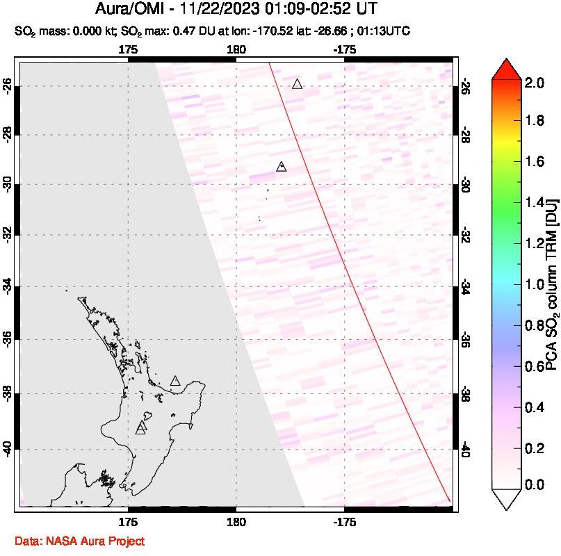 A sulfur dioxide image over New Zealand on Nov 22, 2023.