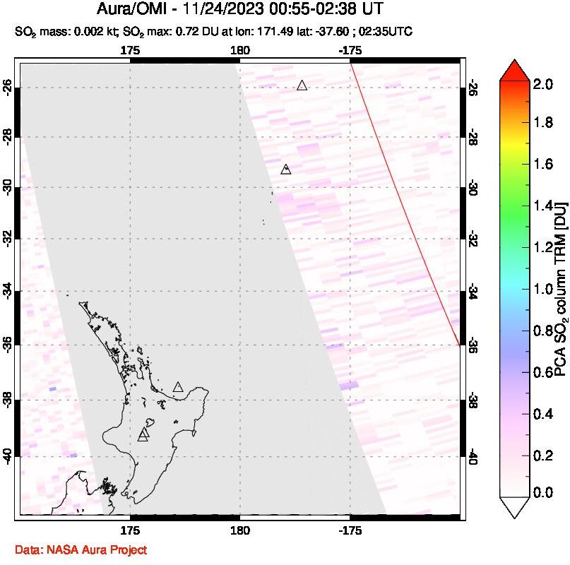 A sulfur dioxide image over New Zealand on Nov 24, 2023.