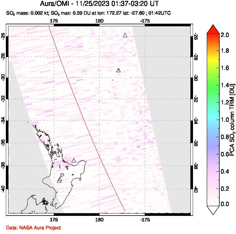 A sulfur dioxide image over New Zealand on Nov 25, 2023.