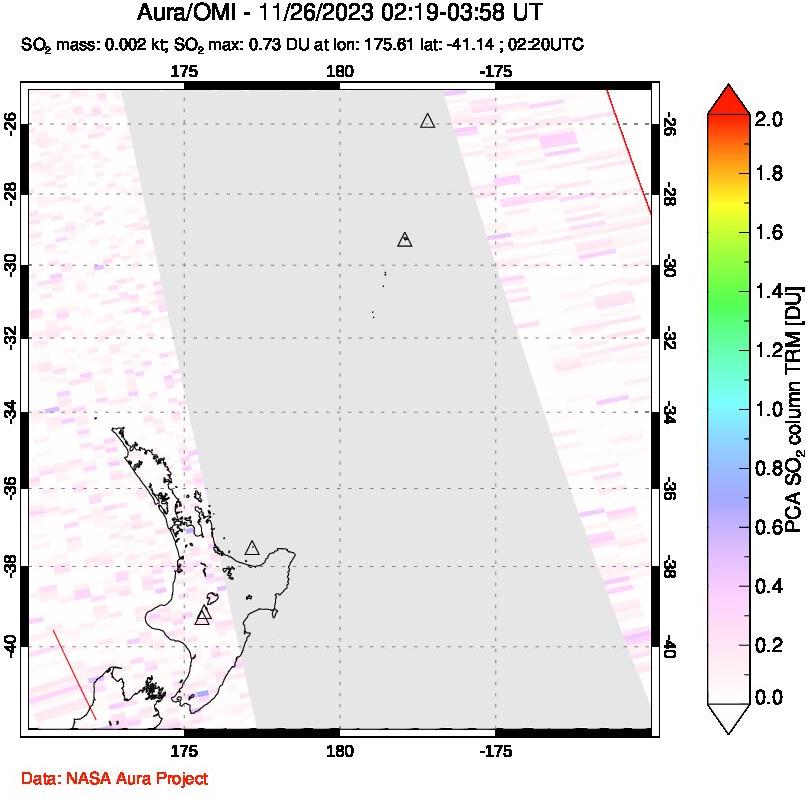 A sulfur dioxide image over New Zealand on Nov 26, 2023.