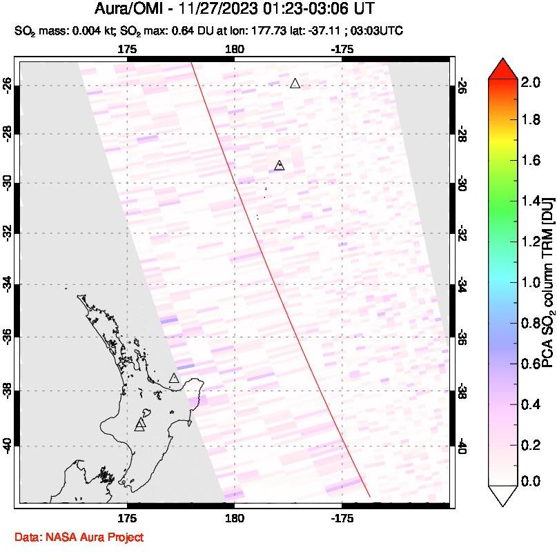 A sulfur dioxide image over New Zealand on Nov 27, 2023.