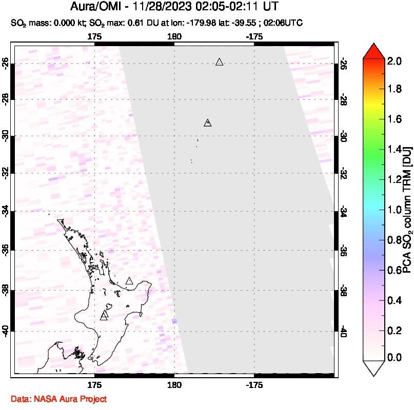 A sulfur dioxide image over New Zealand on Nov 28, 2023.