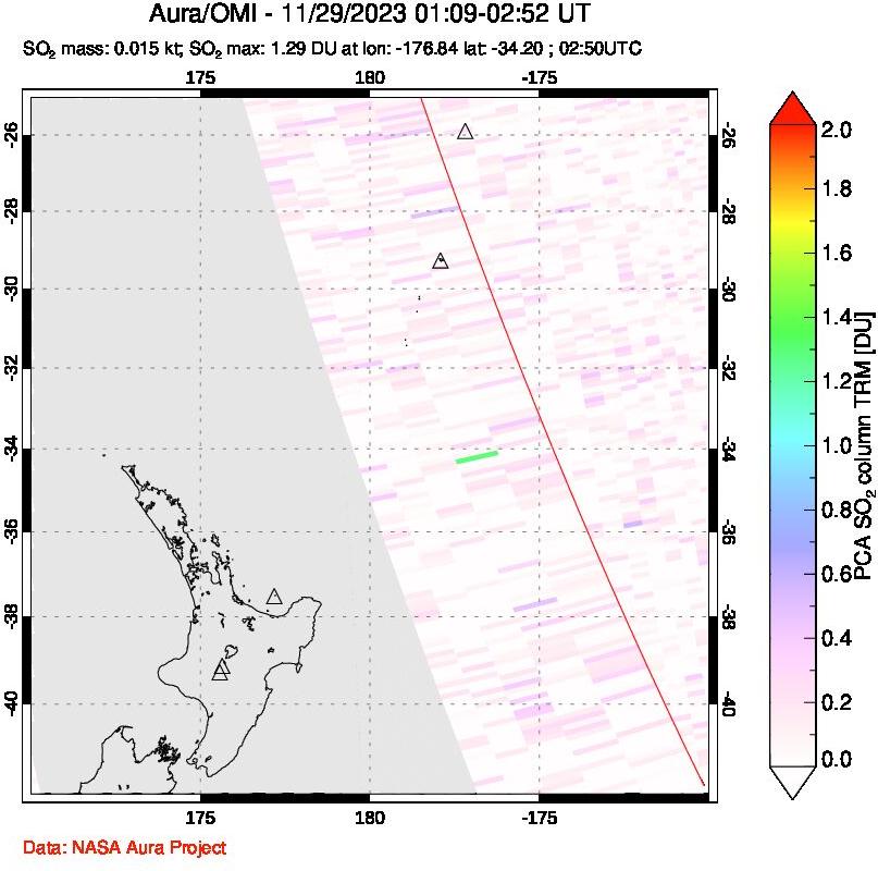 A sulfur dioxide image over New Zealand on Nov 29, 2023.