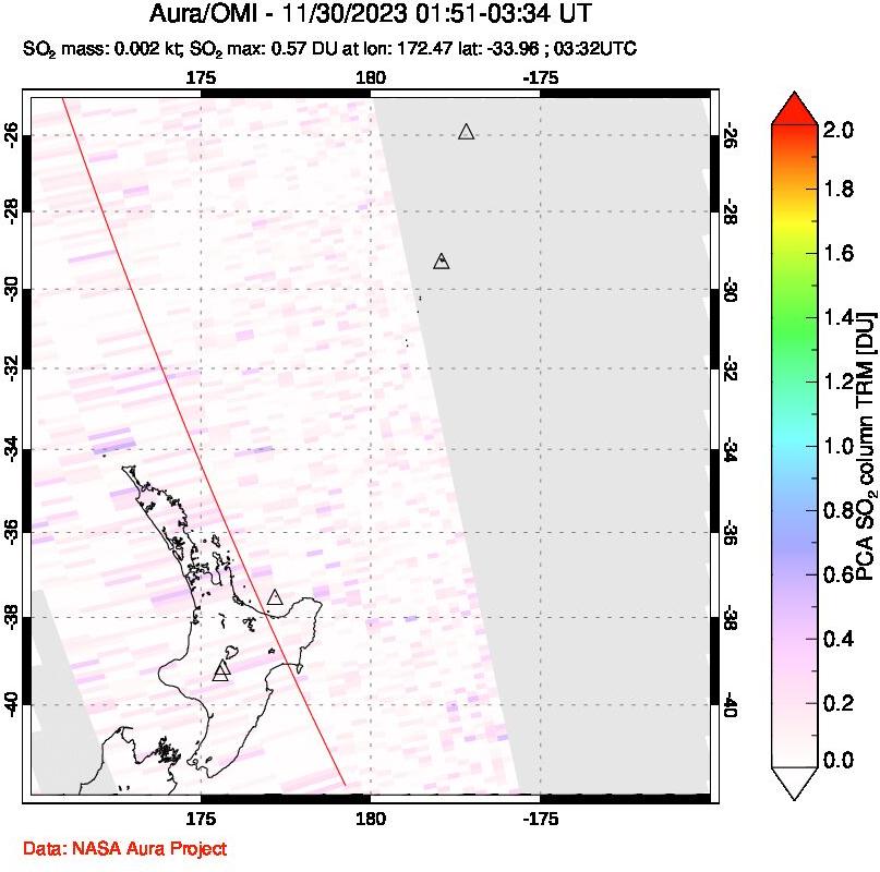 A sulfur dioxide image over New Zealand on Nov 30, 2023.