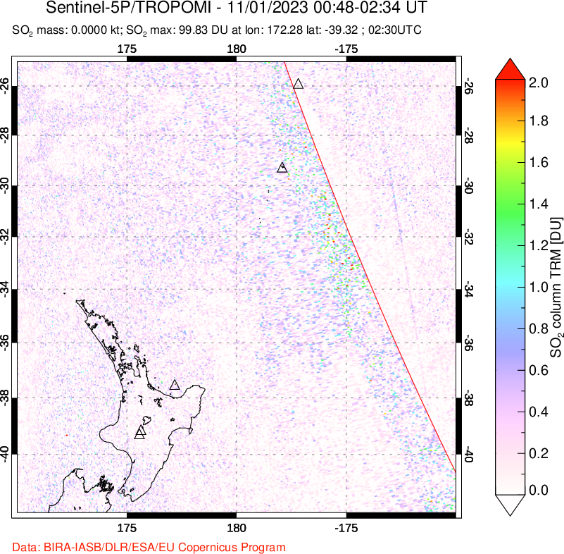 A sulfur dioxide image over New Zealand on Nov 01, 2023.