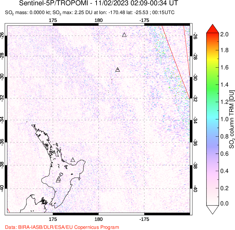 A sulfur dioxide image over New Zealand on Nov 02, 2023.