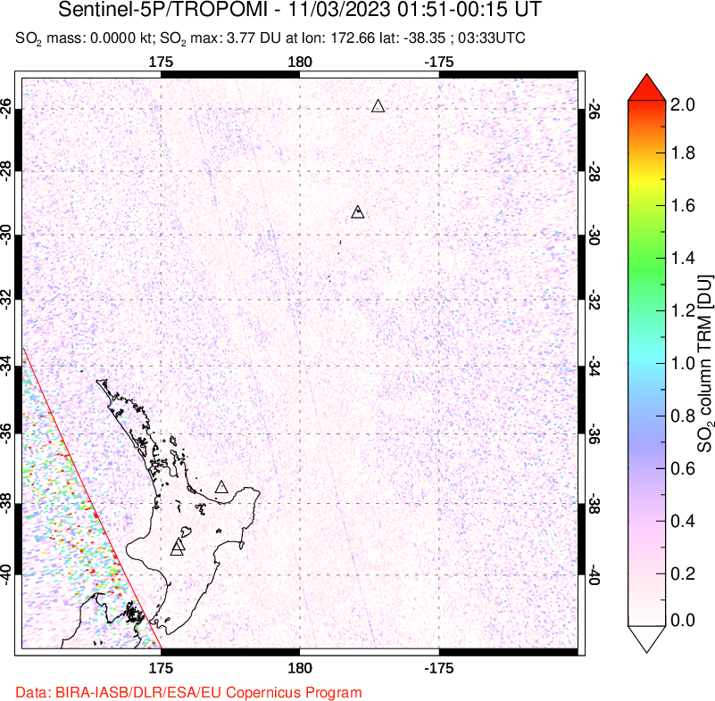 A sulfur dioxide image over New Zealand on Nov 03, 2023.