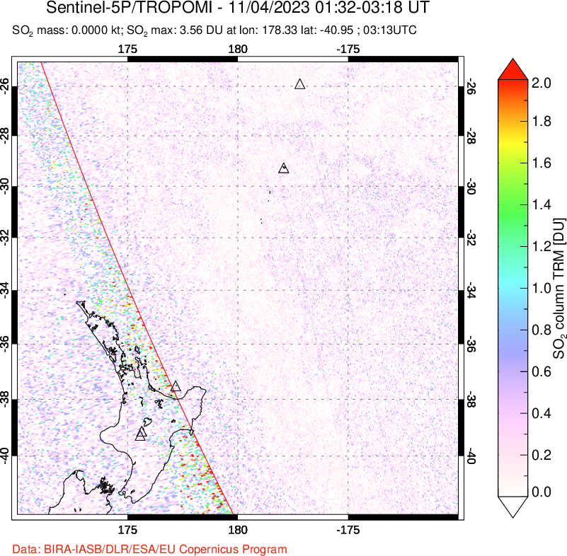 A sulfur dioxide image over New Zealand on Nov 04, 2023.