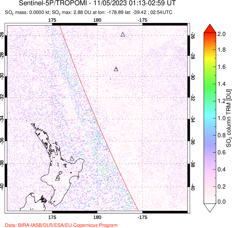 A sulfur dioxide image over New Zealand on Nov 05, 2023.