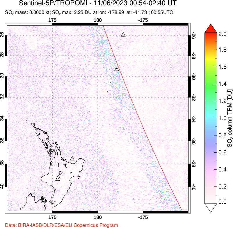 A sulfur dioxide image over New Zealand on Nov 06, 2023.