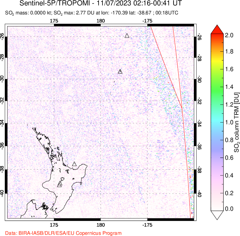 A sulfur dioxide image over New Zealand on Nov 07, 2023.