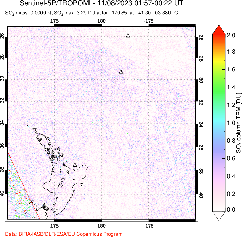 A sulfur dioxide image over New Zealand on Nov 08, 2023.