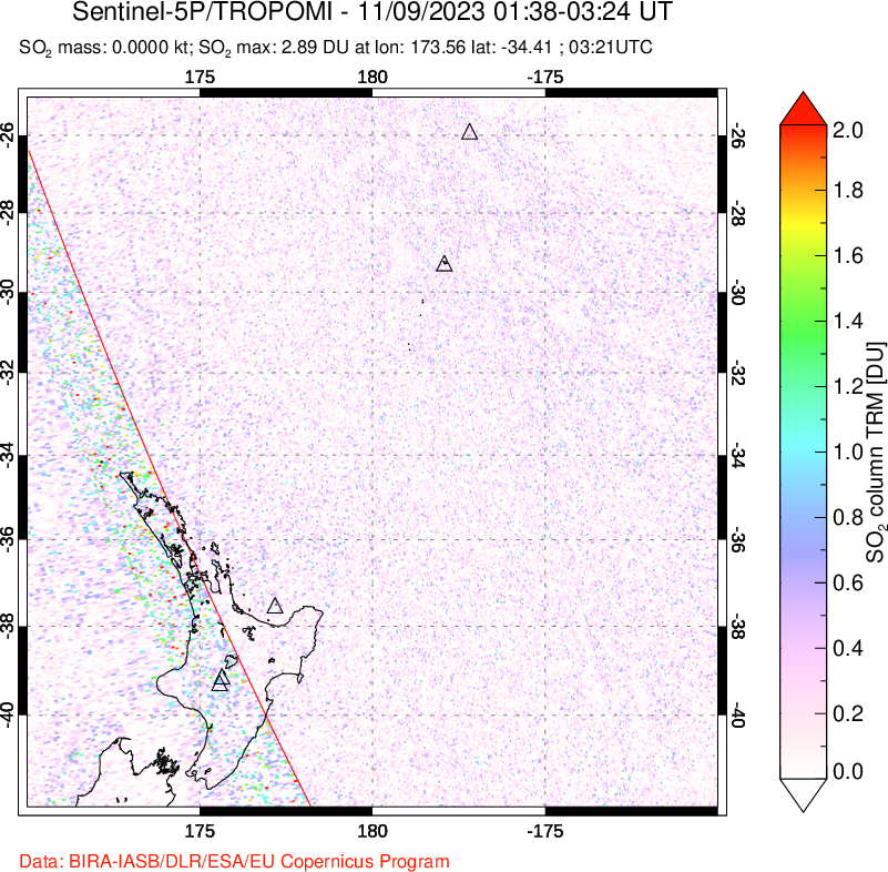 A sulfur dioxide image over New Zealand on Nov 09, 2023.