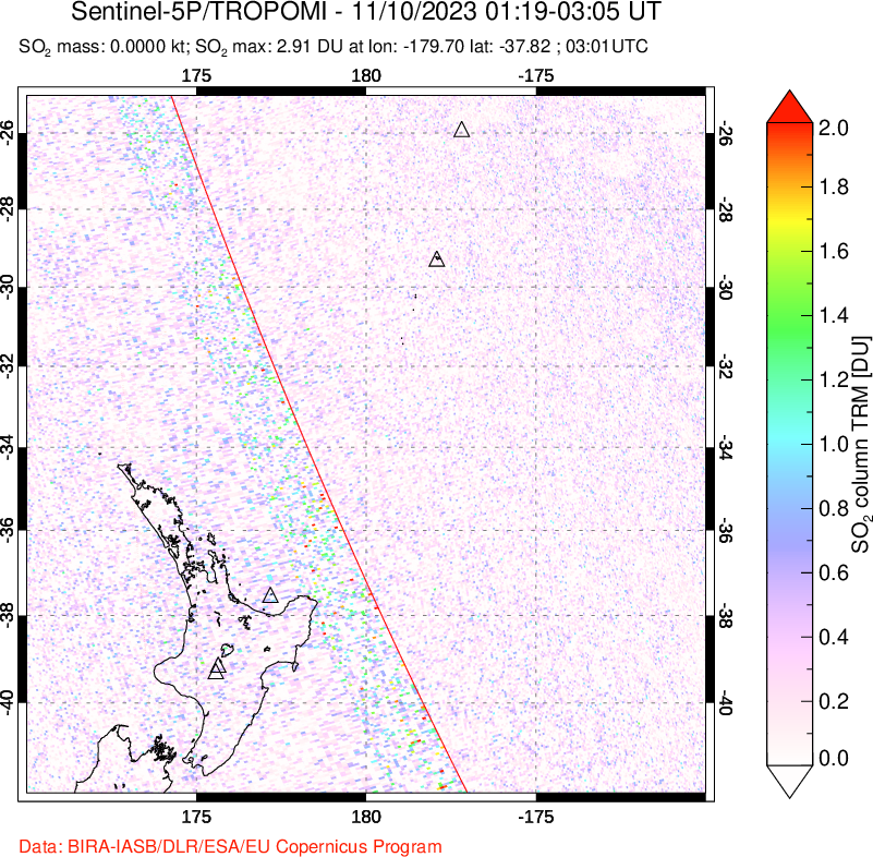 A sulfur dioxide image over New Zealand on Nov 10, 2023.