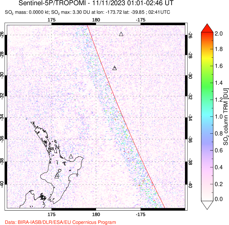 A sulfur dioxide image over New Zealand on Nov 11, 2023.