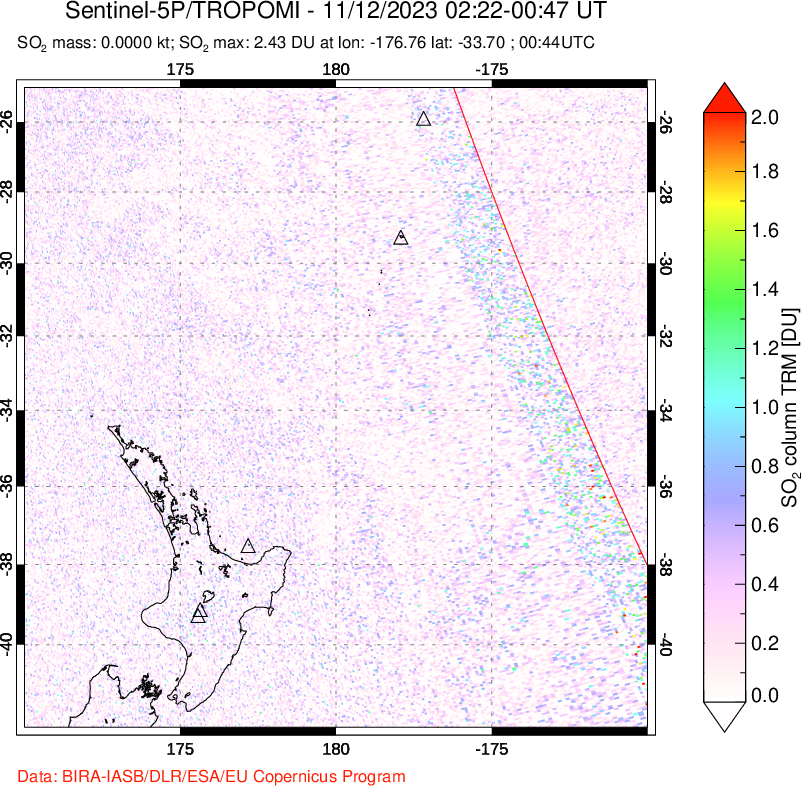 A sulfur dioxide image over New Zealand on Nov 12, 2023.