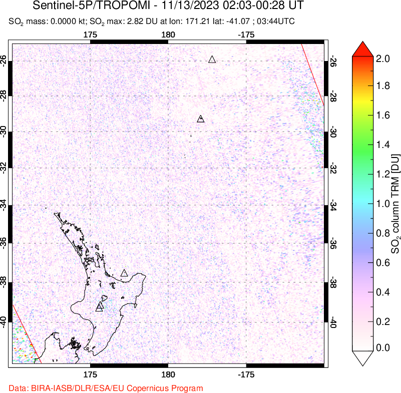 A sulfur dioxide image over New Zealand on Nov 13, 2023.