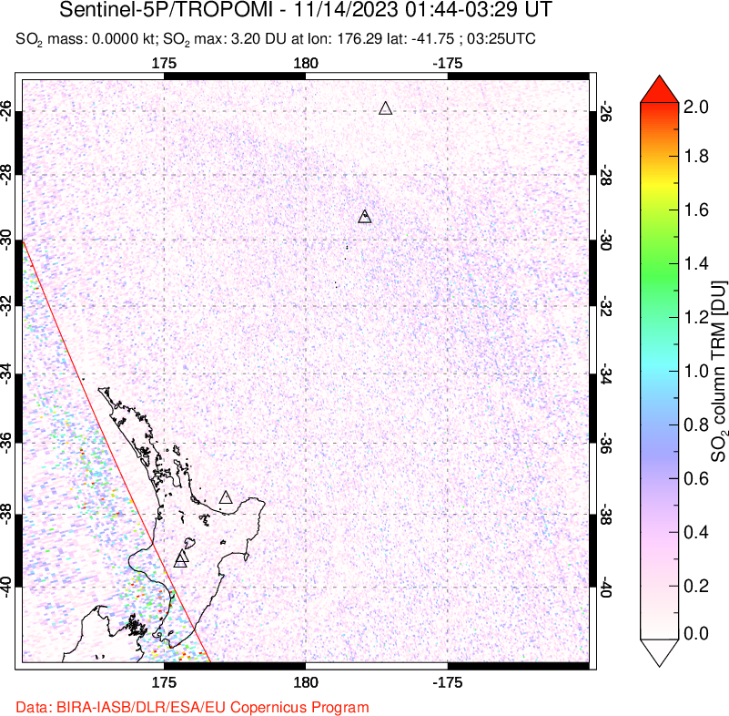 A sulfur dioxide image over New Zealand on Nov 14, 2023.