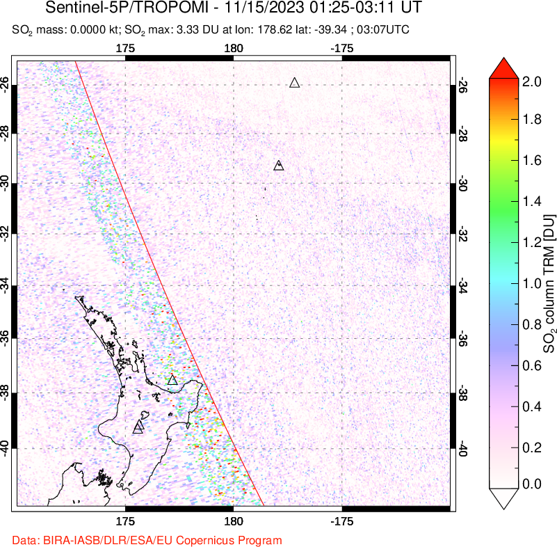 A sulfur dioxide image over New Zealand on Nov 15, 2023.