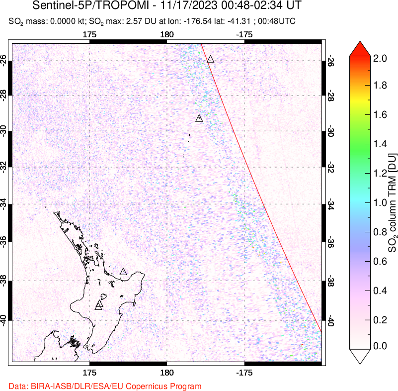 A sulfur dioxide image over New Zealand on Nov 17, 2023.