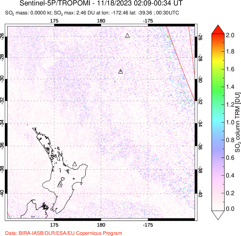 A sulfur dioxide image over New Zealand on Nov 18, 2023.