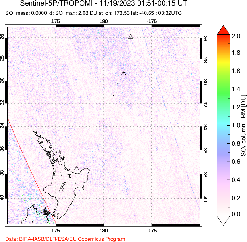 A sulfur dioxide image over New Zealand on Nov 19, 2023.