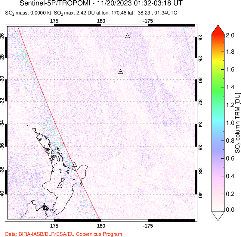 A sulfur dioxide image over New Zealand on Nov 20, 2023.