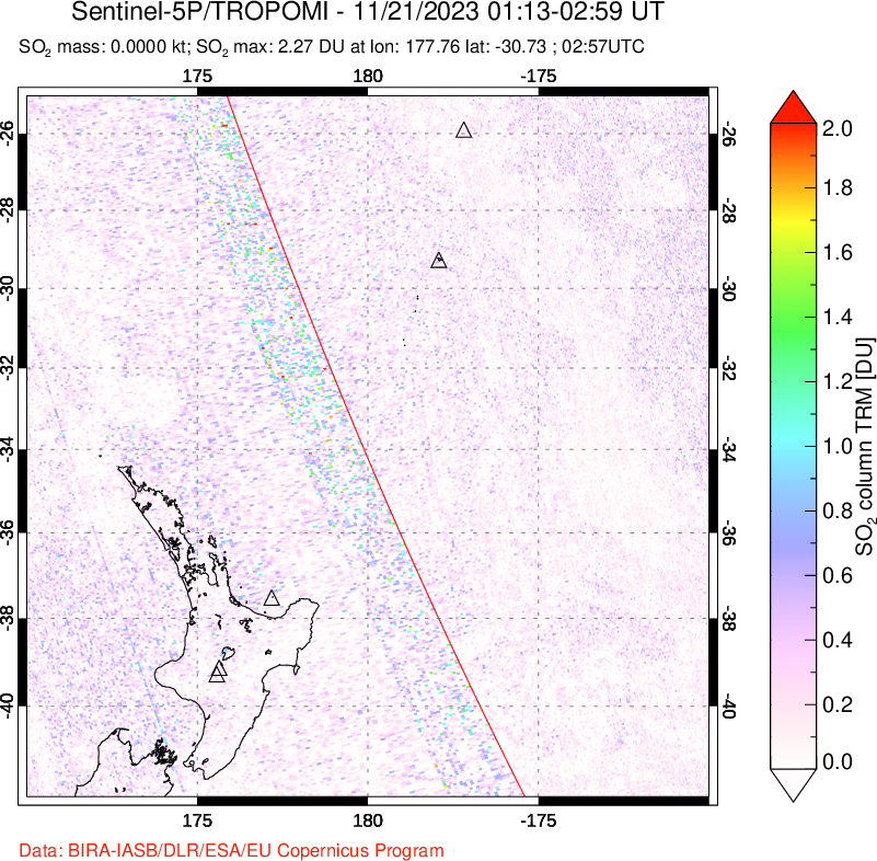 A sulfur dioxide image over New Zealand on Nov 21, 2023.